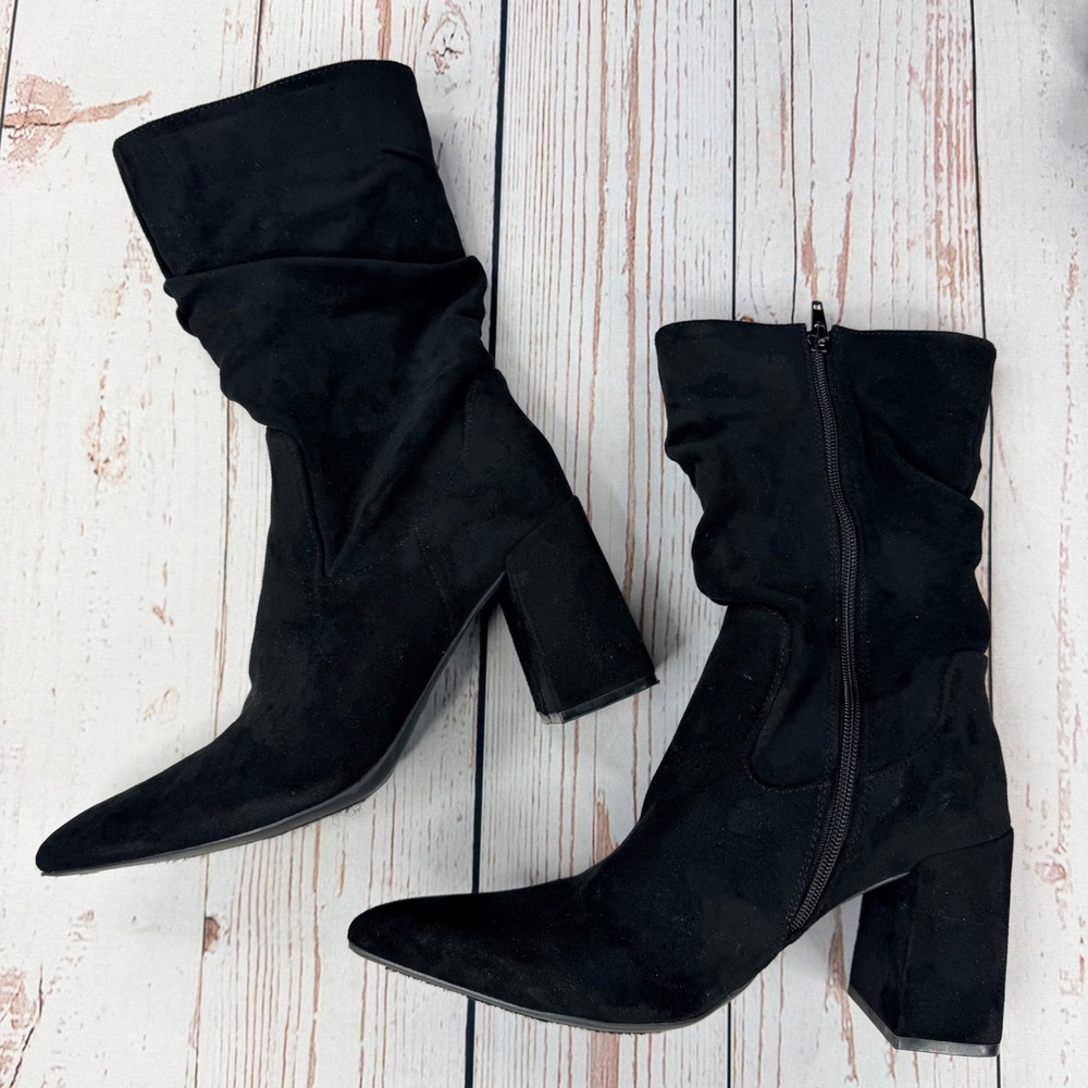 Rouge Helium Women Black Faux Suede Slouchy Pointed Toe Block Heel Boots Size 9